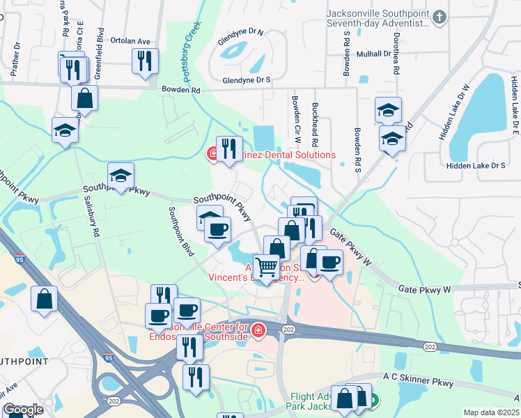 map of restaurants, bars, coffee shops, grocery stores, and more near 4101 Southpoint Drive East in Jacksonville
