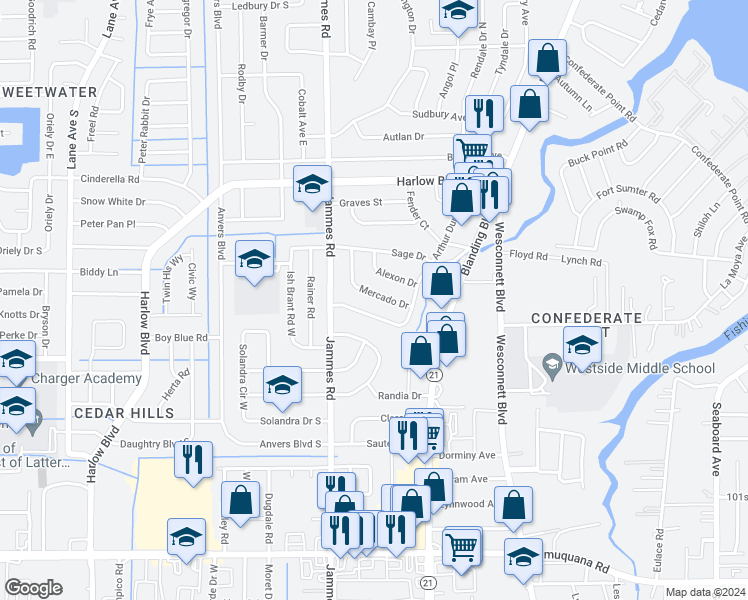 map of restaurants, bars, coffee shops, grocery stores, and more near 6254 Mercado Drive in Jacksonville