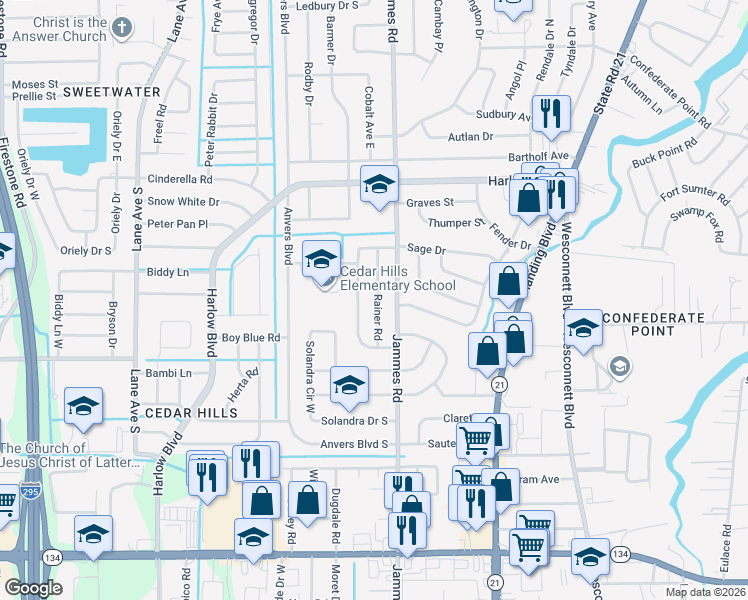 map of restaurants, bars, coffee shops, grocery stores, and more near 4434 Rainer Road in Jacksonville