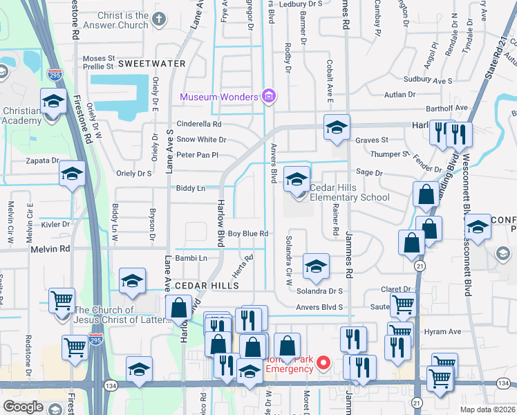 map of restaurants, bars, coffee shops, grocery stores, and more near 6743 Watoma Street in Jacksonville