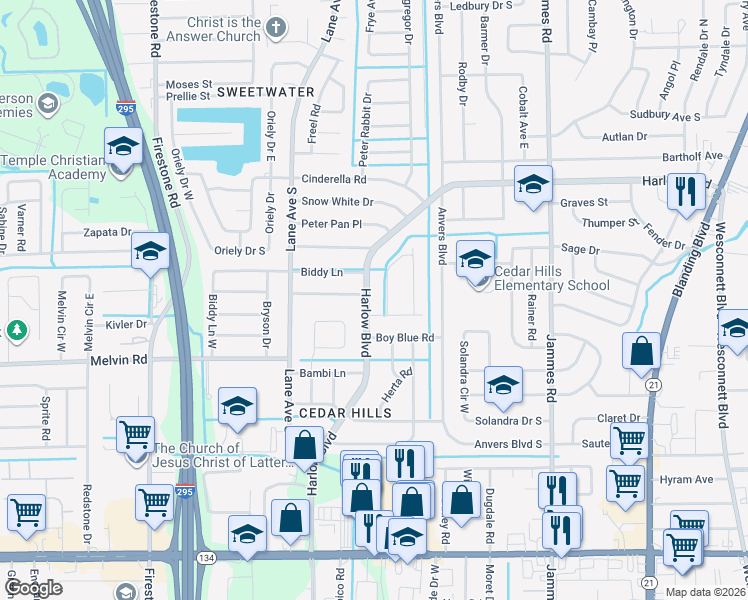 map of restaurants, bars, coffee shops, grocery stores, and more near 4403 Harlow Boulevard in Jacksonville