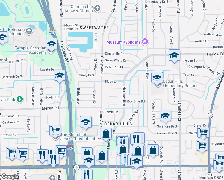 map of restaurants, bars, coffee shops, grocery stores, and more near 6866 Mother Goose Road in Jacksonville