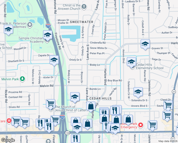 map of restaurants, bars, coffee shops, grocery stores, and more near 6866 Mother Goose Road in Jacksonville