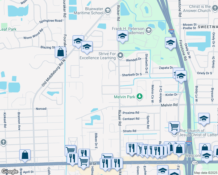 map of restaurants, bars, coffee shops, grocery stores, and more near 7623 Melissa Court North in Jacksonville