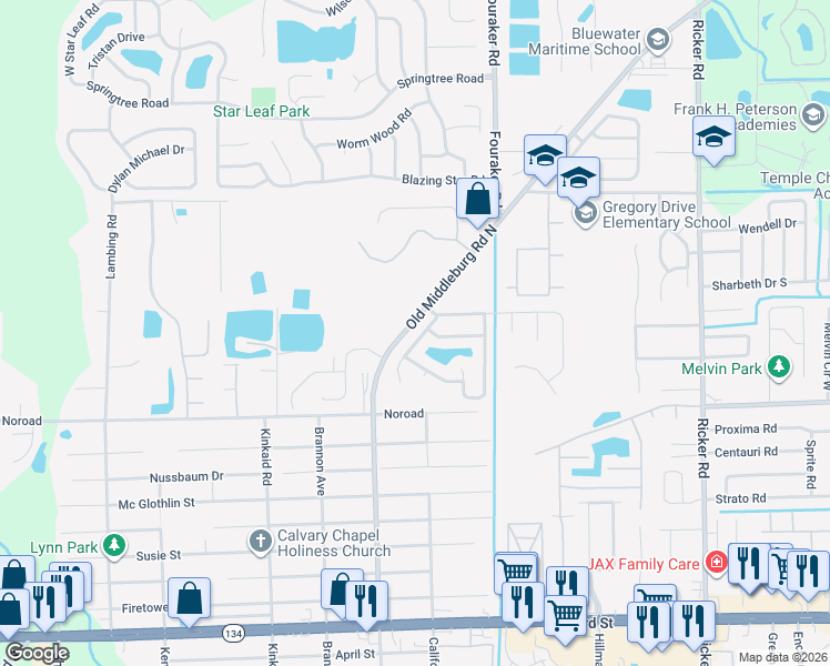 map of restaurants, bars, coffee shops, grocery stores, and more near 4436 Deer Valley Drive in Jacksonville