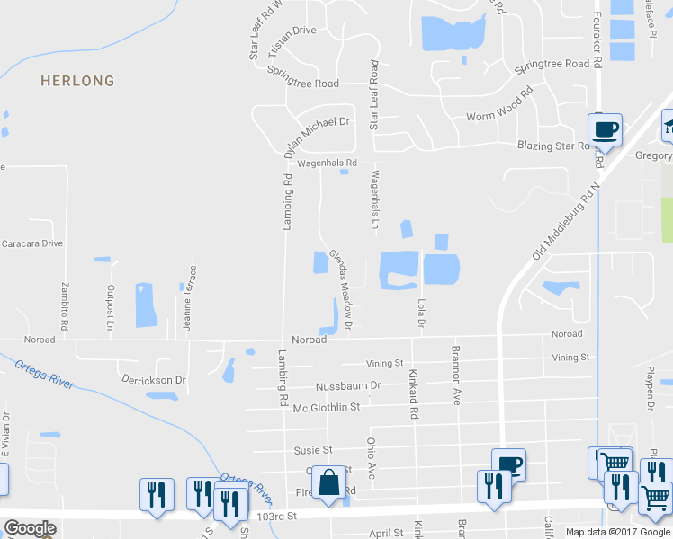 map of restaurants, bars, coffee shops, grocery stores, and more near 4622 Glendas Meadow Drive in Jacksonville