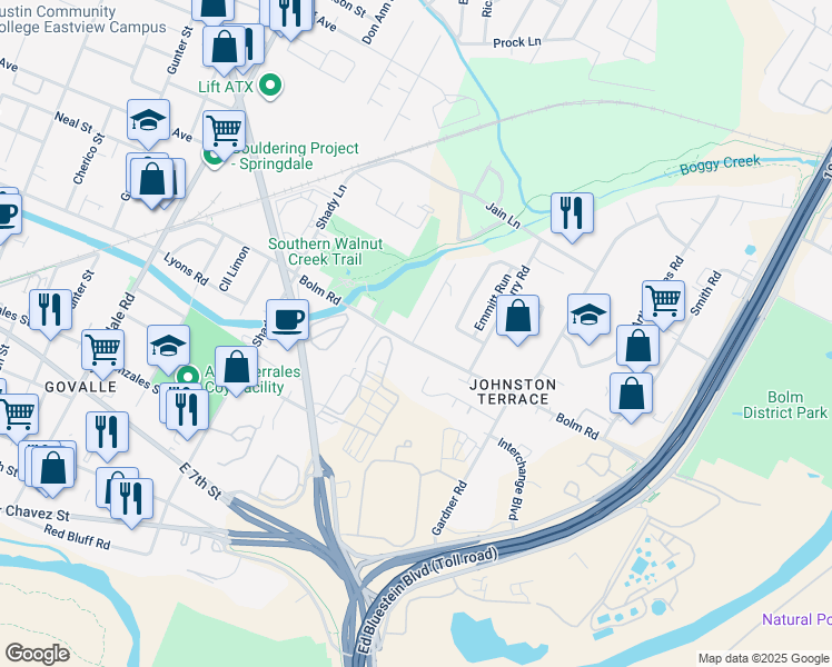 map of restaurants, bars, coffee shops, grocery stores, and more near 1102 Walton Lane in Austin