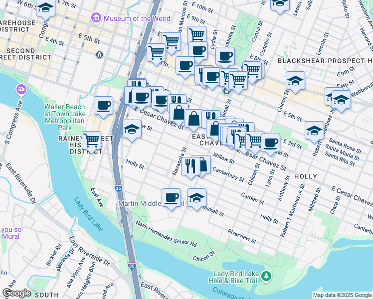 map of restaurants, bars, coffee shops, grocery stores, and more near 85 Navasota Street in Austin