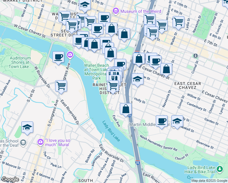 map of restaurants, bars, coffee shops, grocery stores, and more near 69 Rainey Street in Austin