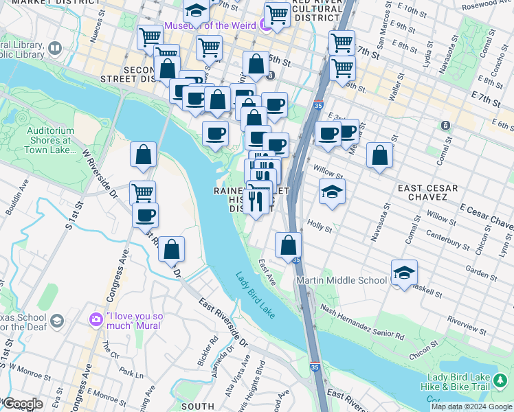 map of restaurants, bars, coffee shops, grocery stores, and more near in Austin