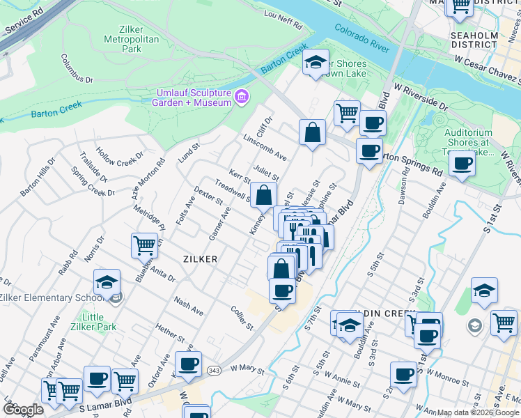 map of restaurants, bars, coffee shops, grocery stores, and more near 1609 Treadwell Street in Austin