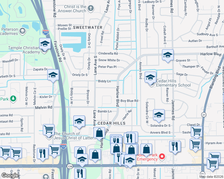 map of restaurants, bars, coffee shops, grocery stores, and more near 6822 Mother Goose Road in Jacksonville