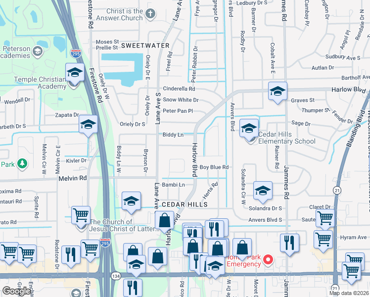 map of restaurants, bars, coffee shops, grocery stores, and more near 6822 Mother Goose Road in Jacksonville