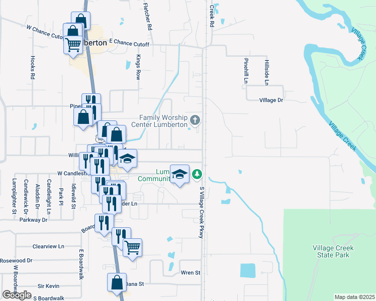map of restaurants, bars, coffee shops, grocery stores, and more near 545 Horn Road in Lumberton