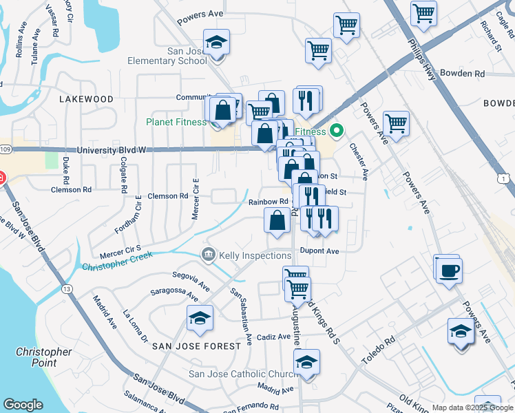 map of restaurants, bars, coffee shops, grocery stores, and more near 2852 Rainbow Road in Jacksonville