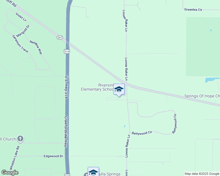 map of restaurants, bars, coffee shops, grocery stores, and more near 530 Lonnie Raker Lane in Crawfordville