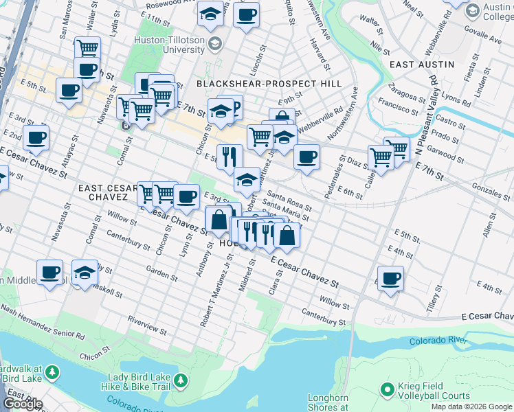 map of restaurants, bars, coffee shops, grocery stores, and more near 2209 Santa Maria Street in Austin