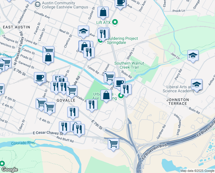 map of restaurants, bars, coffee shops, grocery stores, and more near 915b Shady Lane in Austin