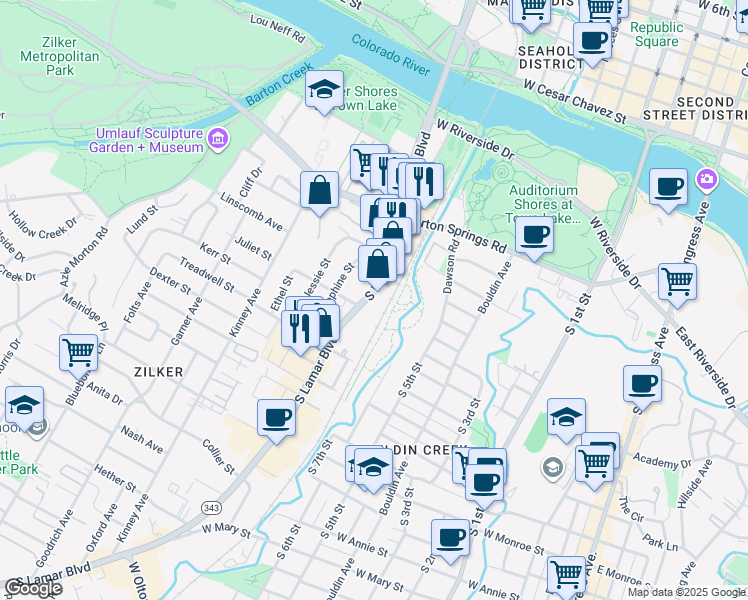 map of restaurants, bars, coffee shops, grocery stores, and more near 715 1/2 South Lamar Boulevard in Austin