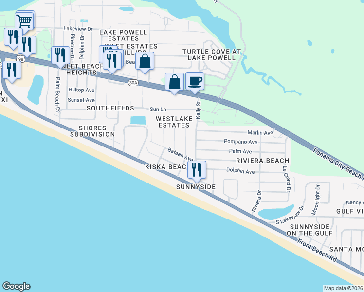 map of restaurants, bars, coffee shops, grocery stores, and more near 229 Derondo Street in Panama City Beach