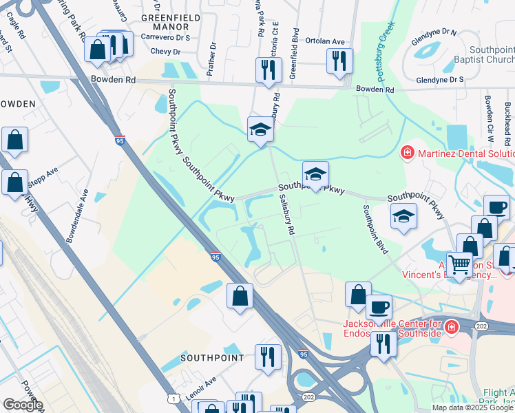 map of restaurants, bars, coffee shops, grocery stores, and more near 6675 Corporate Center Parkway in Jacksonville