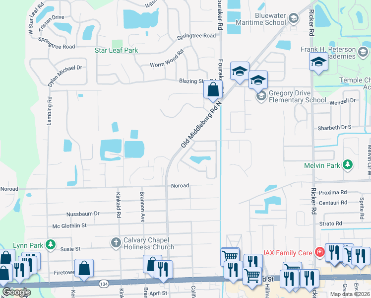 map of restaurants, bars, coffee shops, grocery stores, and more near 4436 Deer Valley Drive in Jacksonville