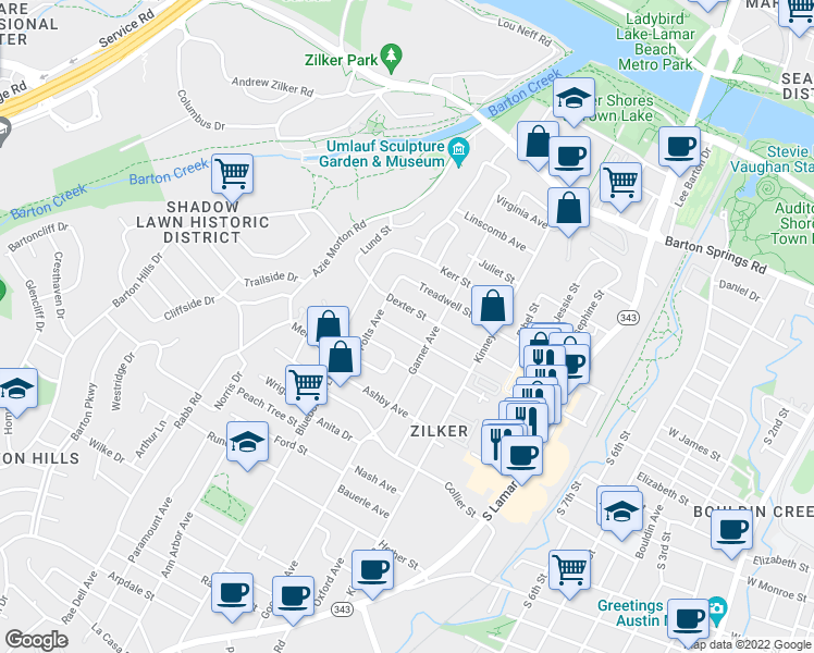 map of restaurants, bars, coffee shops, grocery stores, and more near 1810 Margaret Street in Austin