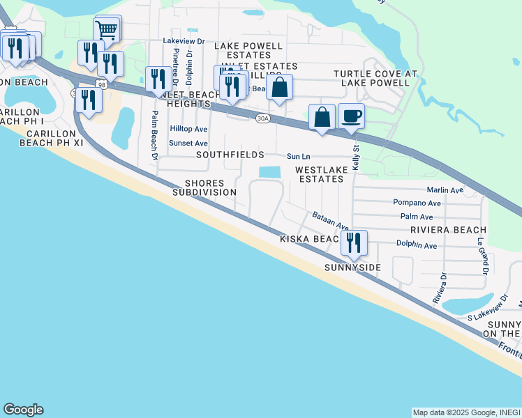 map of restaurants, bars, coffee shops, grocery stores, and more near 22400 Front Beach Road in Panama City Beach