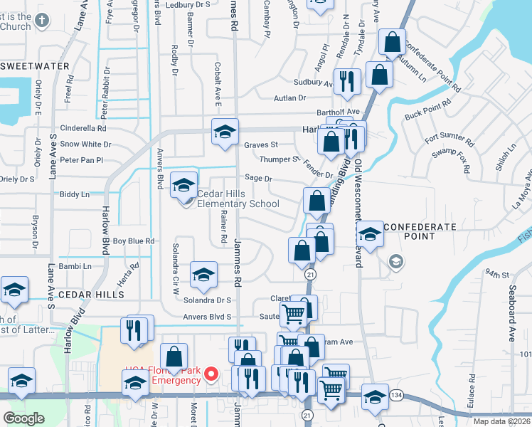 map of restaurants, bars, coffee shops, grocery stores, and more near 6254 Mercado Drive in Jacksonville