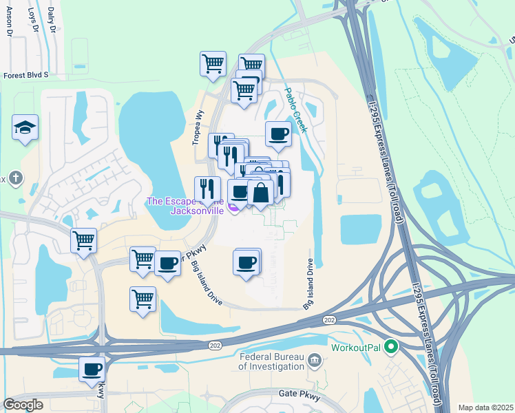 map of restaurants, bars, coffee shops, grocery stores, and more near 10200 Mid Town Parkway in Jacksonville