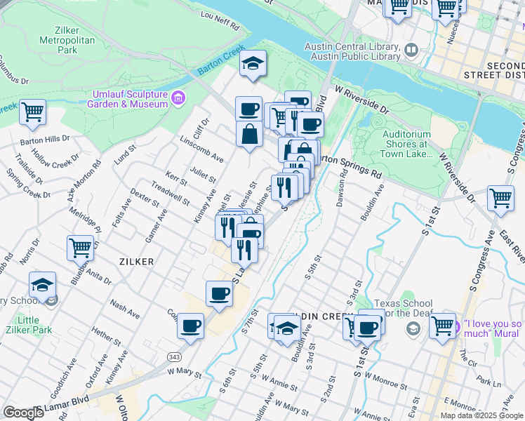 map of restaurants, bars, coffee shops, grocery stores, and more near 1309 Juliet Street in Austin