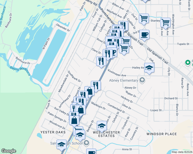 map of restaurants, bars, coffee shops, grocery stores, and more near 3401 Pontchartrain Drive in Slidell
