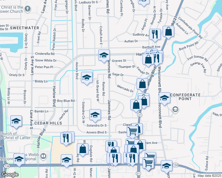 map of restaurants, bars, coffee shops, grocery stores, and more near 4435 Jammes Rd in Jacksonville