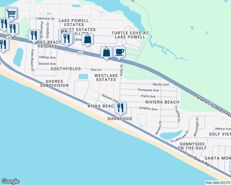 map of restaurants, bars, coffee shops, grocery stores, and more near 229 Derondo Street in Panama City Beach
