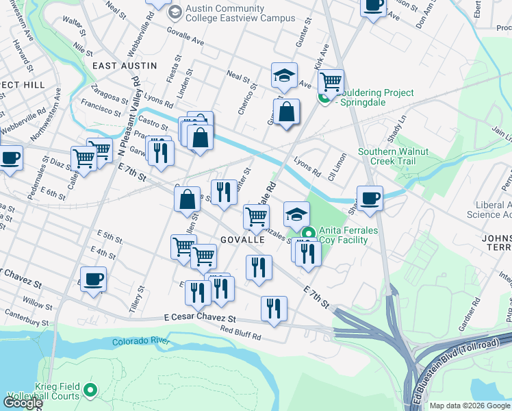 map of restaurants, bars, coffee shops, grocery stores, and more near 750 Springdale Road in Austin
