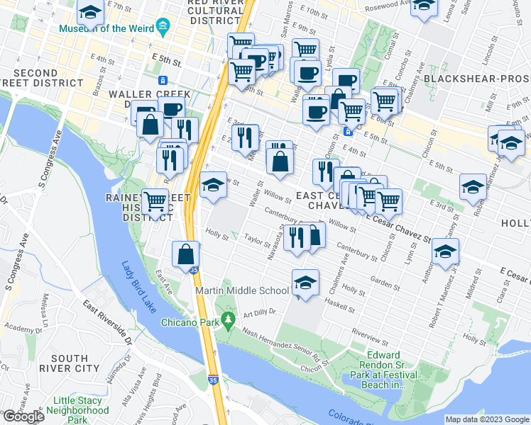 map of restaurants, bars, coffee shops, grocery stores, and more near 1211 Canterbury Street in Austin