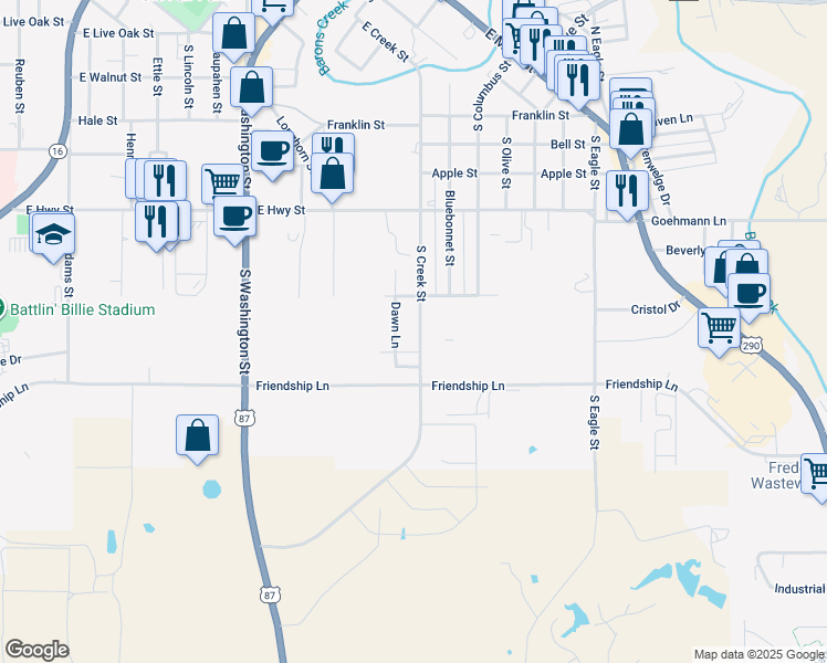 map of restaurants, bars, coffee shops, grocery stores, and more near 712 South Creek Street in Fredericksburg