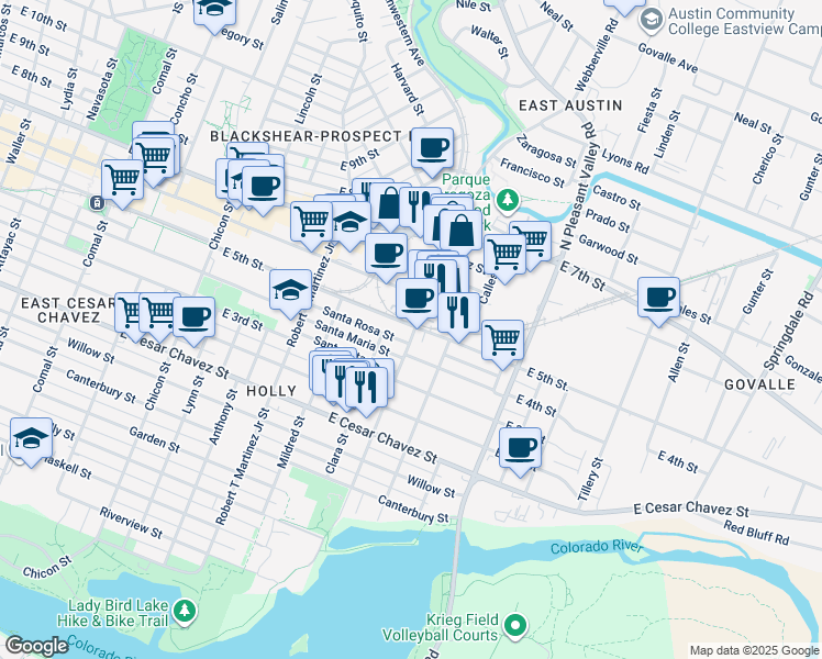 map of restaurants, bars, coffee shops, grocery stores, and more near 2421 East 5th Street in Austin