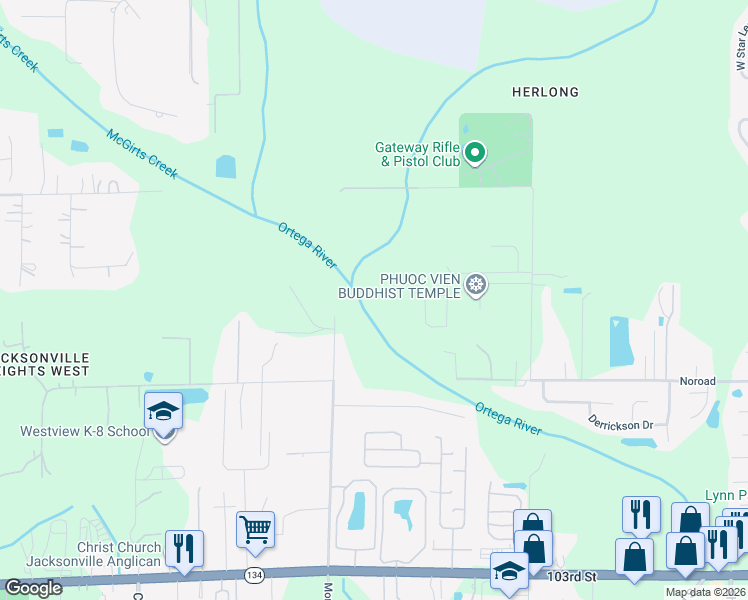 map of restaurants, bars, coffee shops, grocery stores, and more near 9337 Aplomado Circle in Jacksonville