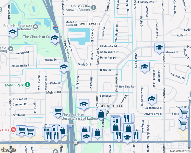 map of restaurants, bars, coffee shops, grocery stores, and more near 4406 Lane Avenue South in Jacksonville