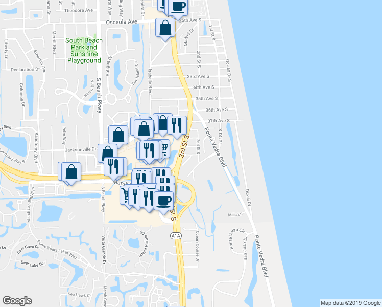 map of restaurants, bars, coffee shops, grocery stores, and more near 225 41st Avenue South in Jacksonville Beach