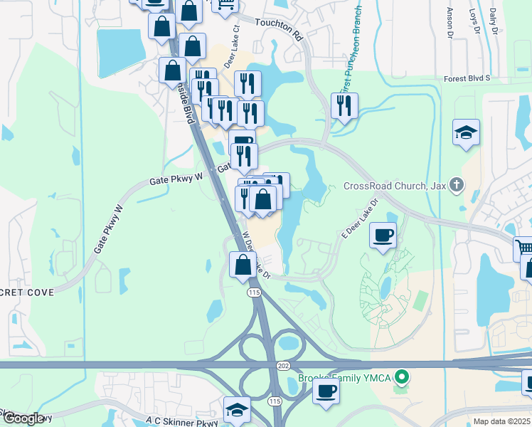 map of restaurants, bars, coffee shops, grocery stores, and more near 9822 Tapestry Park Circle in Jacksonville
