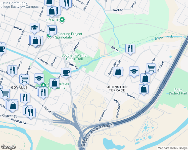map of restaurants, bars, coffee shops, grocery stores, and more near 1102 Walton Lane in Austin
