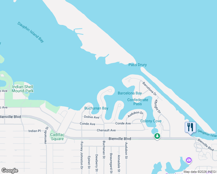 map of restaurants, bars, coffee shops, grocery stores, and more near 535 Buchanan Drive in Dauphin Island