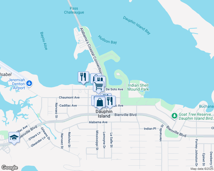 map of restaurants, bars, coffee shops, grocery stores, and more near 912 De Soto Avenue in Dauphin Island