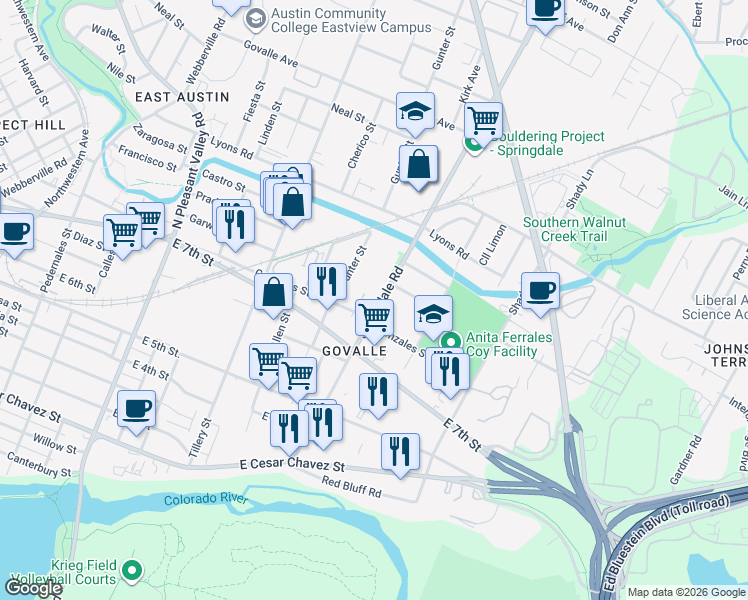 map of restaurants, bars, coffee shops, grocery stores, and more near 750 Springdale Road in Austin