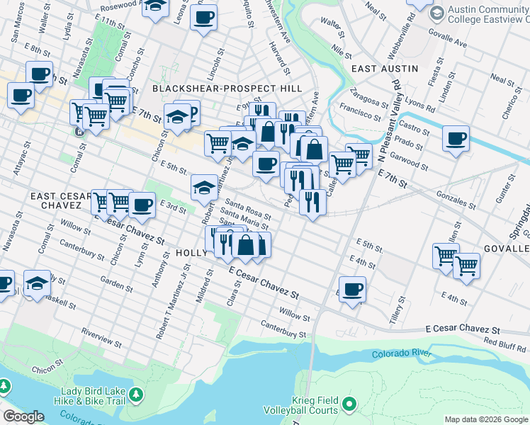 map of restaurants, bars, coffee shops, grocery stores, and more near 2415 East 5th Street in Austin