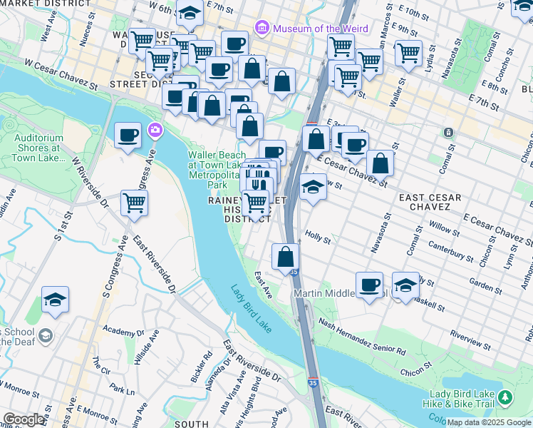 map of restaurants, bars, coffee shops, grocery stores, and more near 69 Rainey Street in Austin