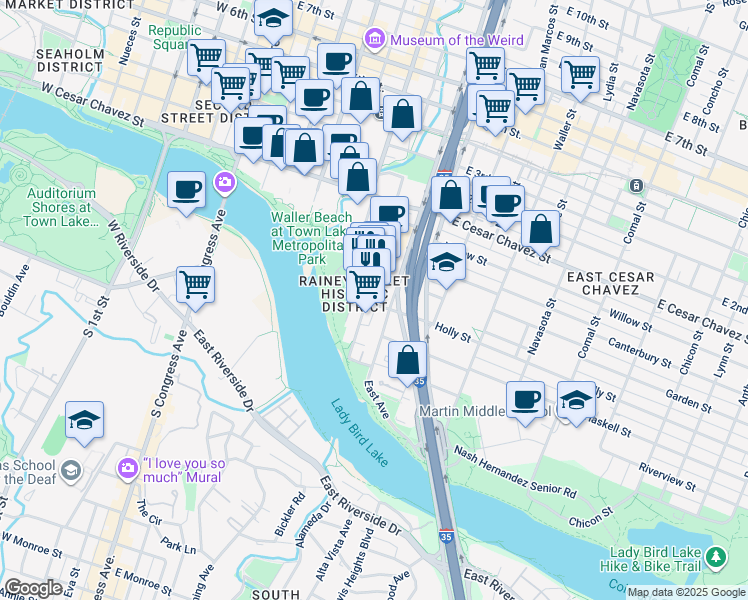 map of restaurants, bars, coffee shops, grocery stores, and more near 69 Rainey Street in Austin