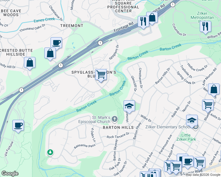 map of restaurants, bars, coffee shops, grocery stores, and more near 2500 Dana Cove in Austin